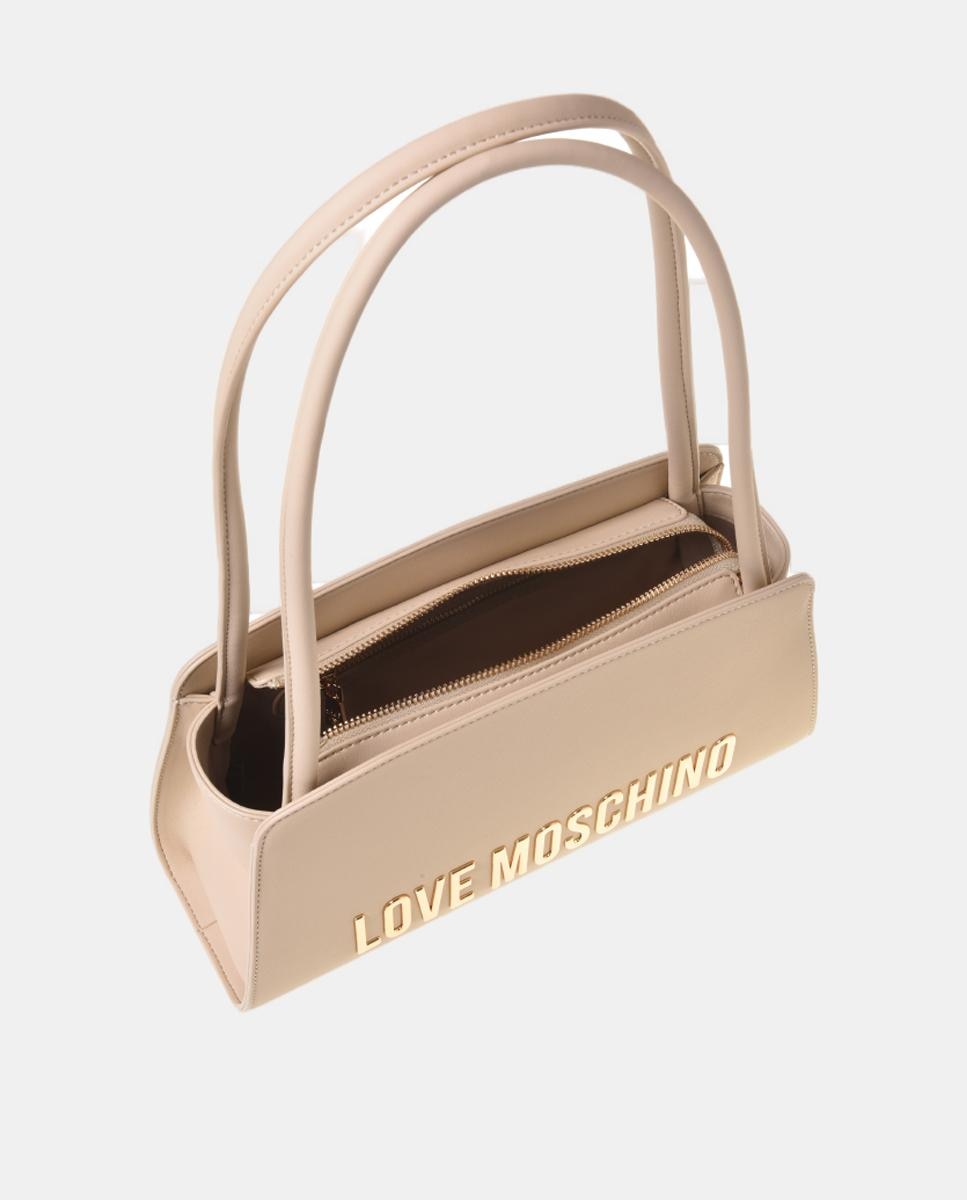 Mala de ombro lisa com detalhe metálico do logótipo dourado Creme-3