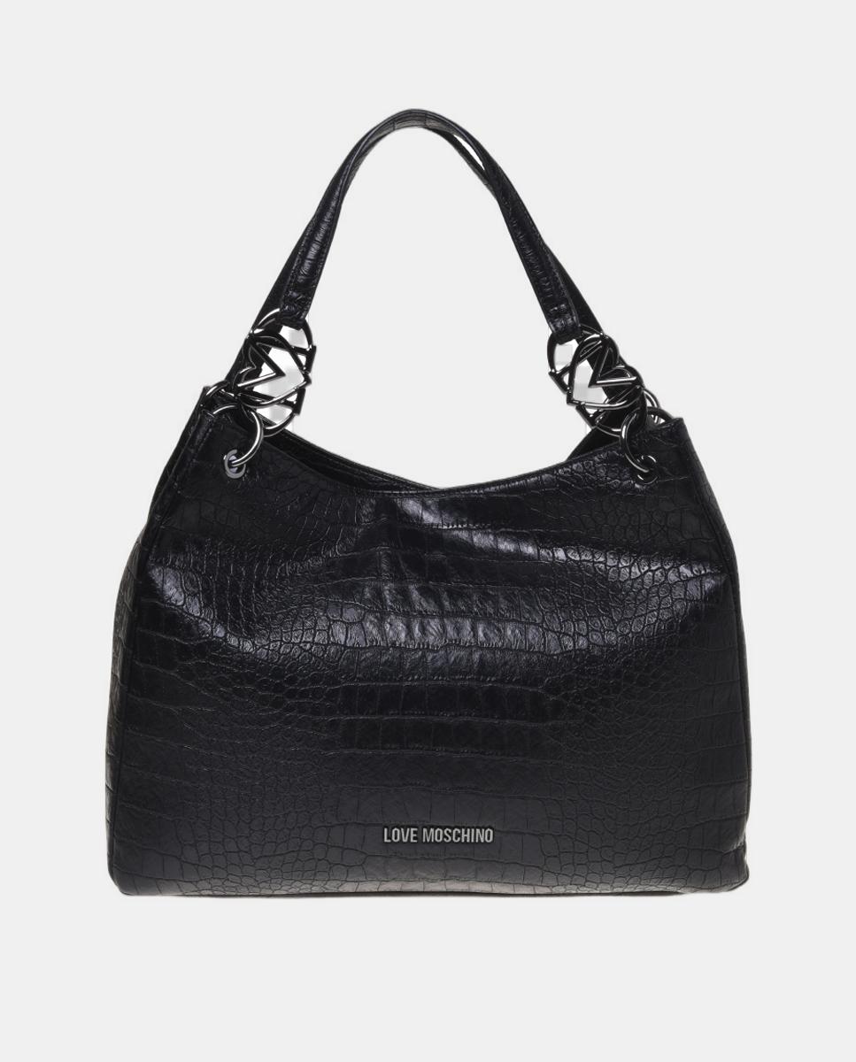 Imagen 1 de Bolso de hombro con estampado cocodrilo y detalle metálico a tono en asas y en el logo - Love Moschino - Negro Negro