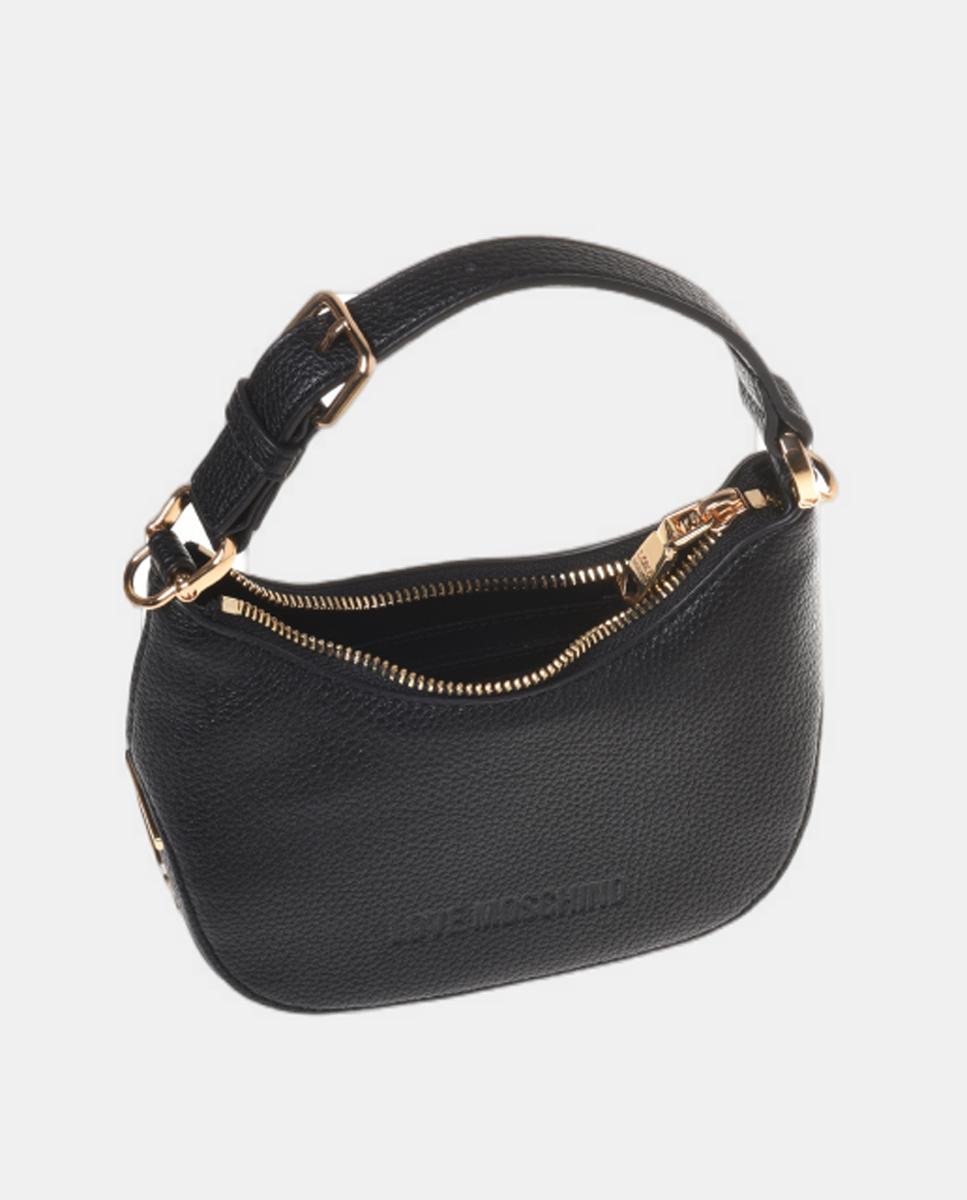 Mini mala de mão com alça de ombro lisa, com detalhe metálico dourado do logótipo na base Preto-3