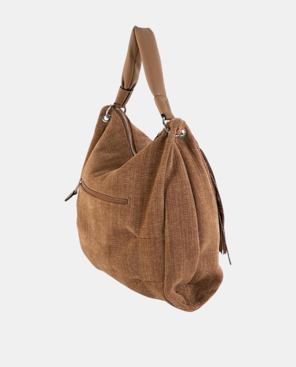 Mala Hobo Grande em Tecido Texturizado com Alça Acolchoada Bege-2