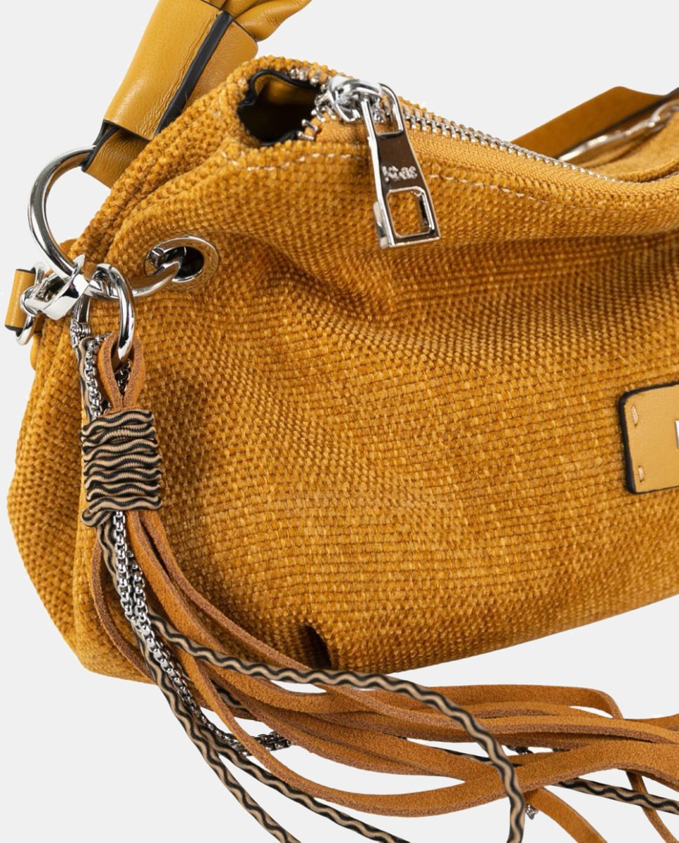 Mala Hobo de Tamanho Médio em Tecido Resistente com Alça de Tiracolo Ajustável Mostarda-3