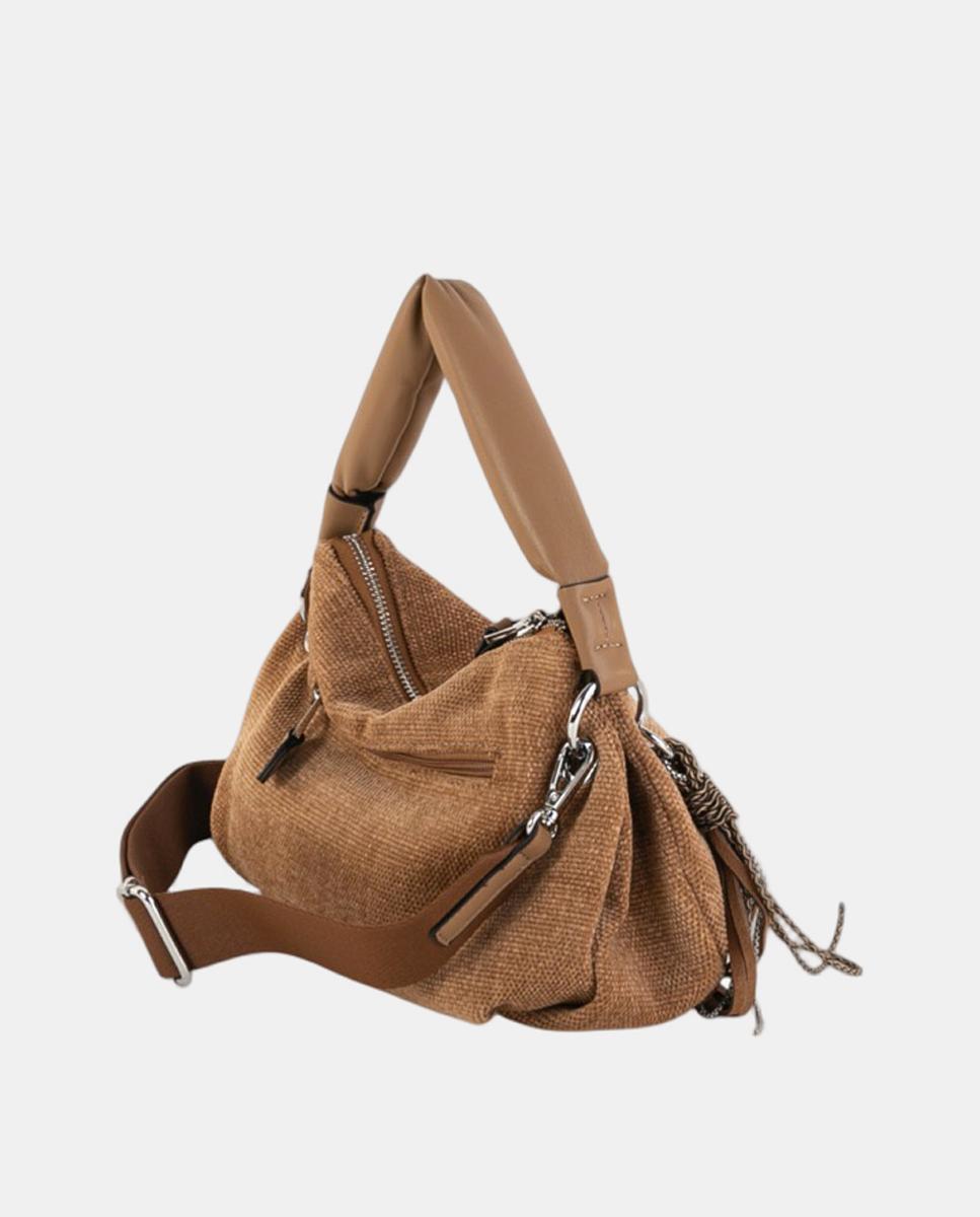 Mala Hobo de Tamanho Médio em Tecido Resistente com Alça de Tiracolo Ajustável Bege-2