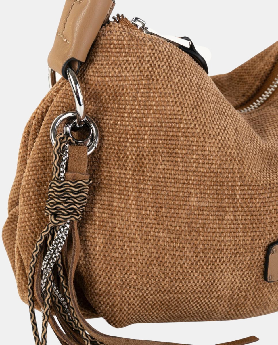 Mala Hobo de Tamanho Médio em Tecido Resistente com Alça de Tiracolo Ajustável Bege-3