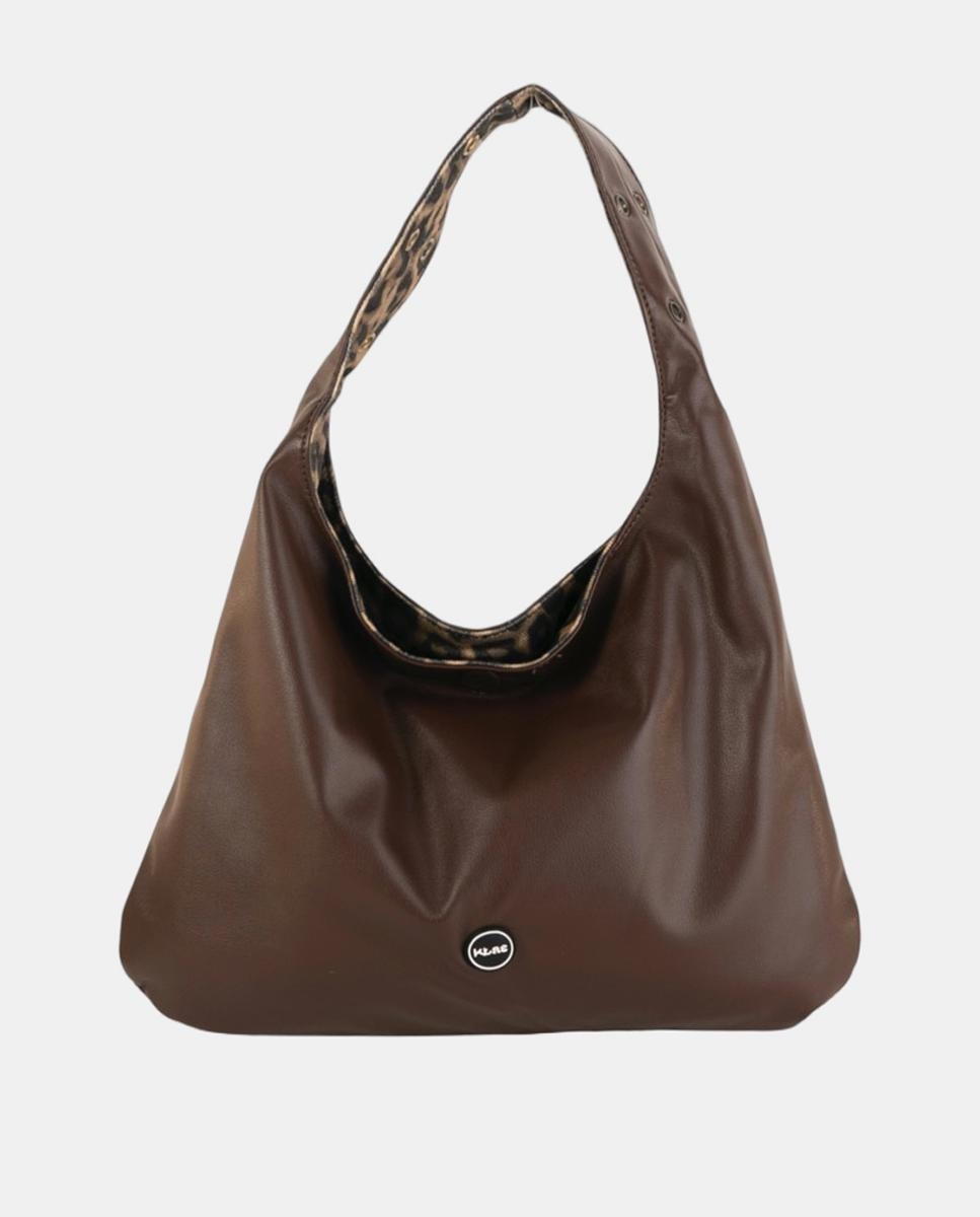 Mala Hobo Pequena em Efeito de Pele com Design Reversível e Alça Cómoda Castanho-4