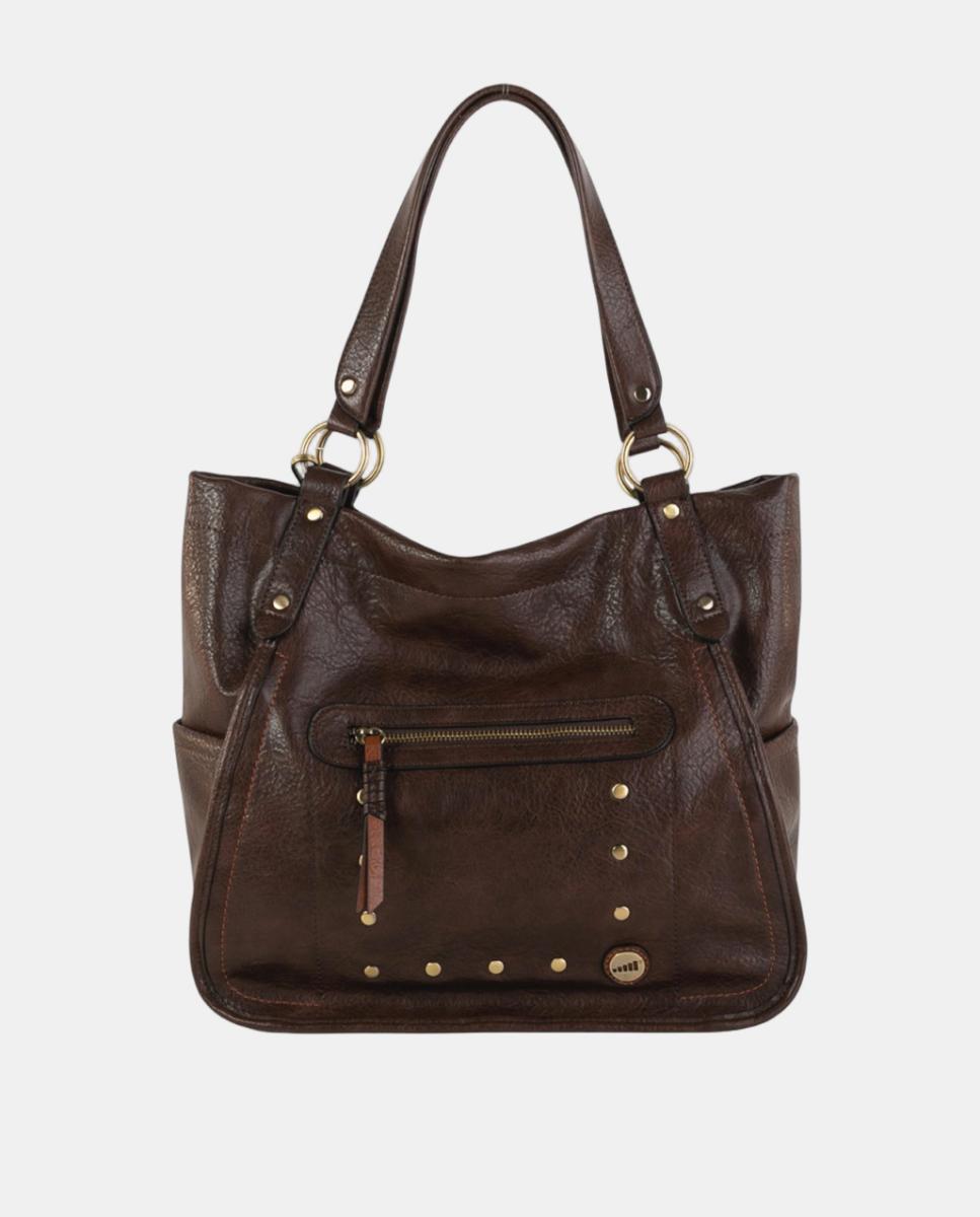 Imagem 0 de Mala de Ombro Média em Efeito de Pele com Bolso à Frente e Detalhes Metálicos