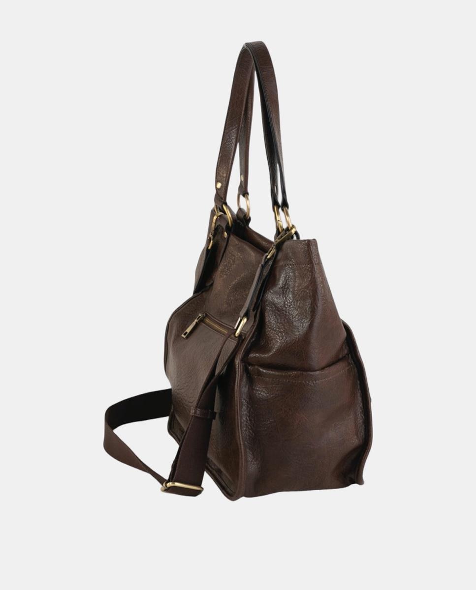 Mala de Ombro Média em Efeito de Pele com Bolso à Frente e Detalhes Metálicos Castanho-escuro-2