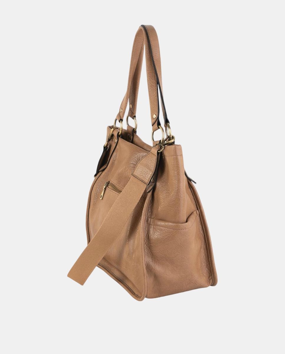 Mala de Ombro Média em Efeito de Pele com Bolso à Frente e Detalhes Metálicos Castanho-claro-2