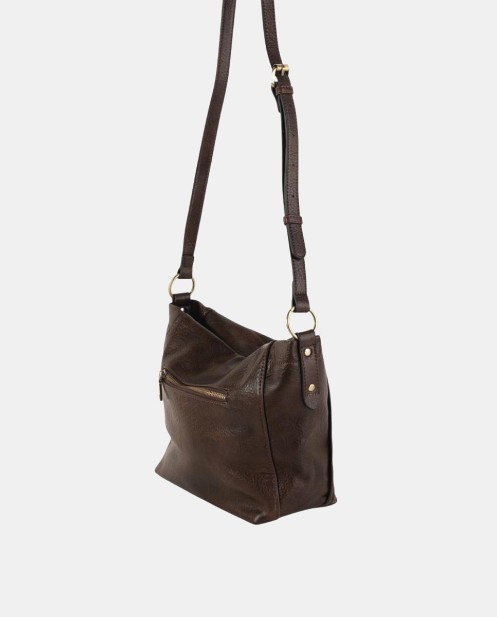 Mala a Tiracolo Média em Efeito de Pele com Bolso à Frente e Detalhes Metálicos Castanho-escuro-2