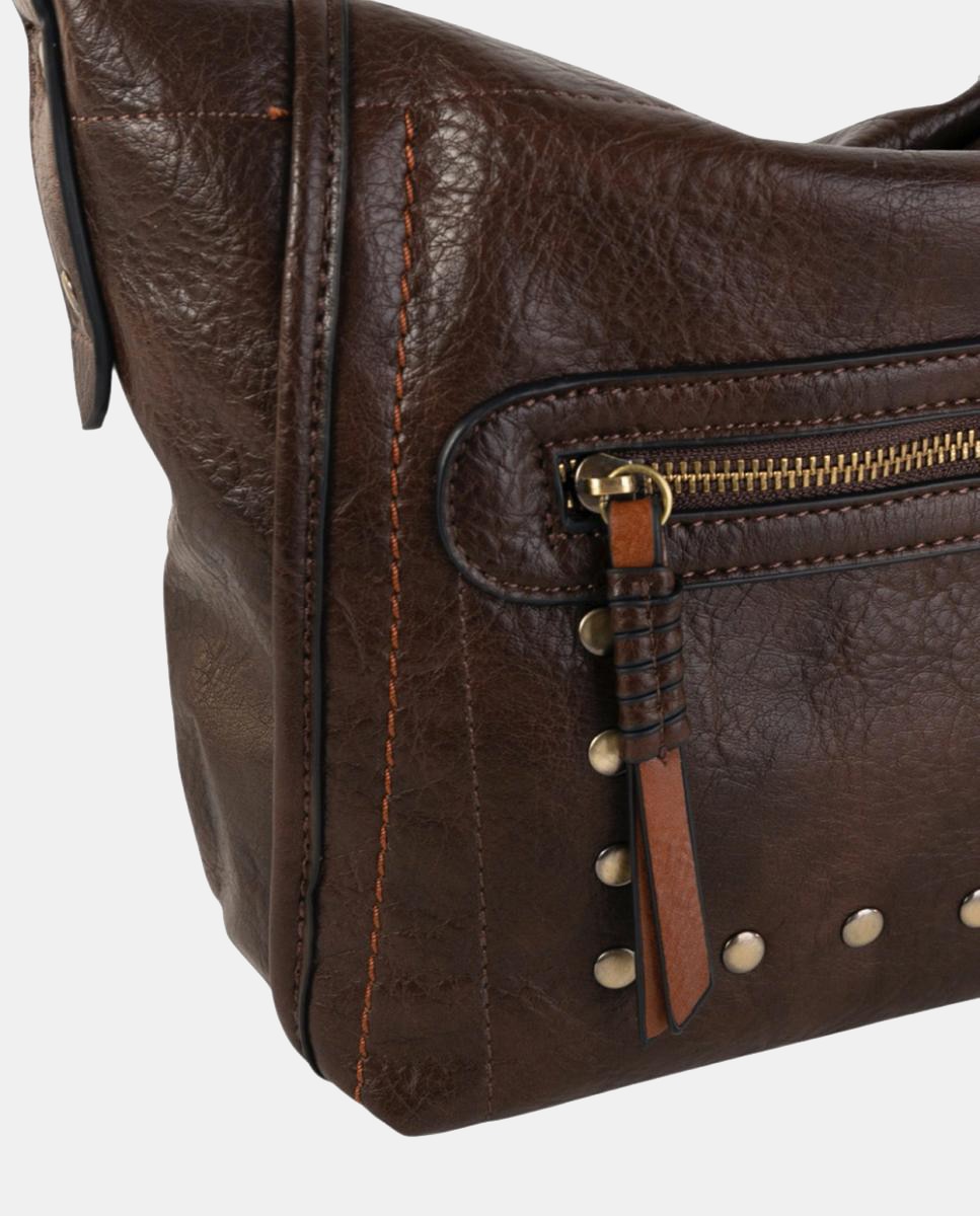 Mala a Tiracolo Média em Efeito de Pele com Bolso à Frente e Detalhes Metálicos Castanho-escuro-3