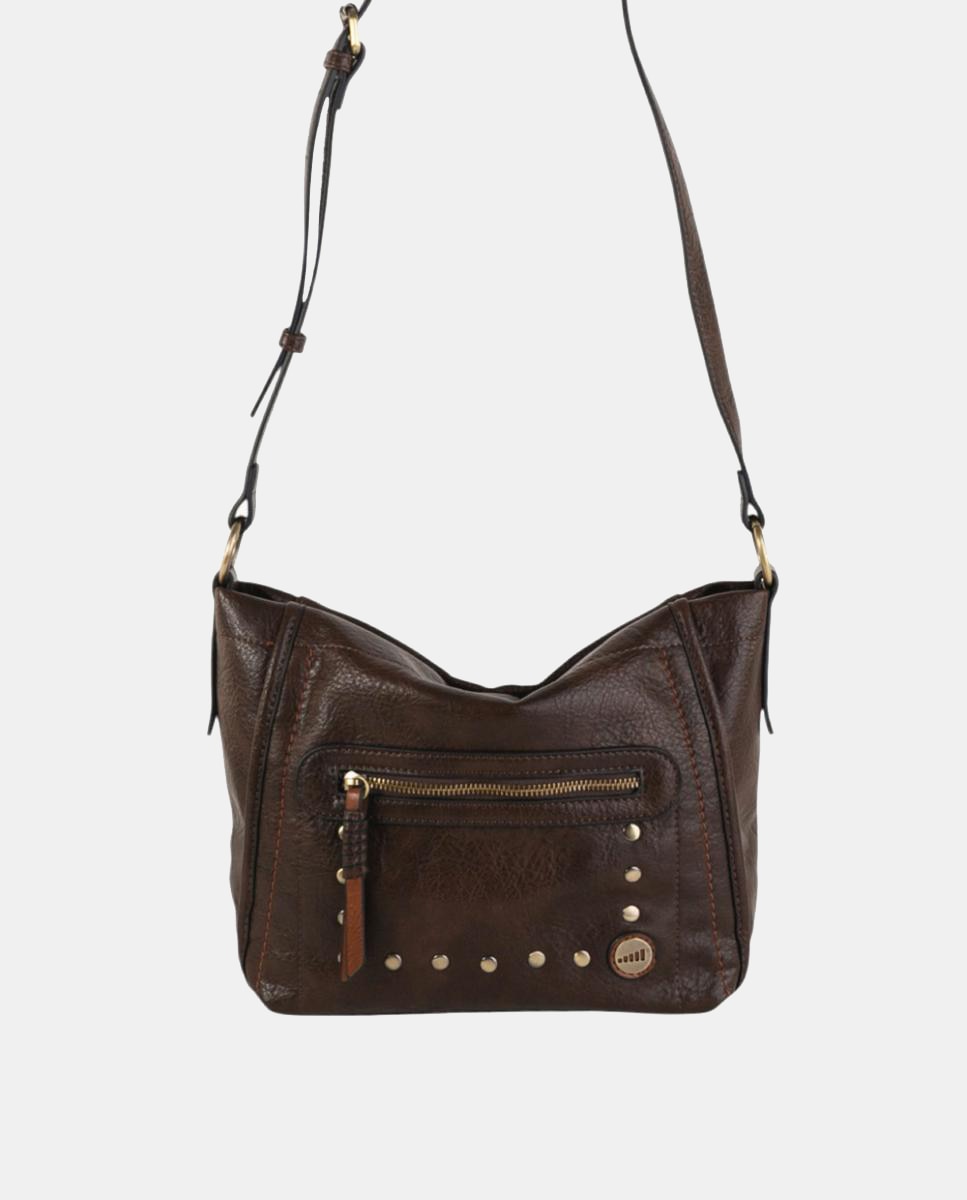Mala a Tiracolo Média em Efeito de Pele com Bolso à Frente e Detalhes Metálicos Castanho-escuro-4