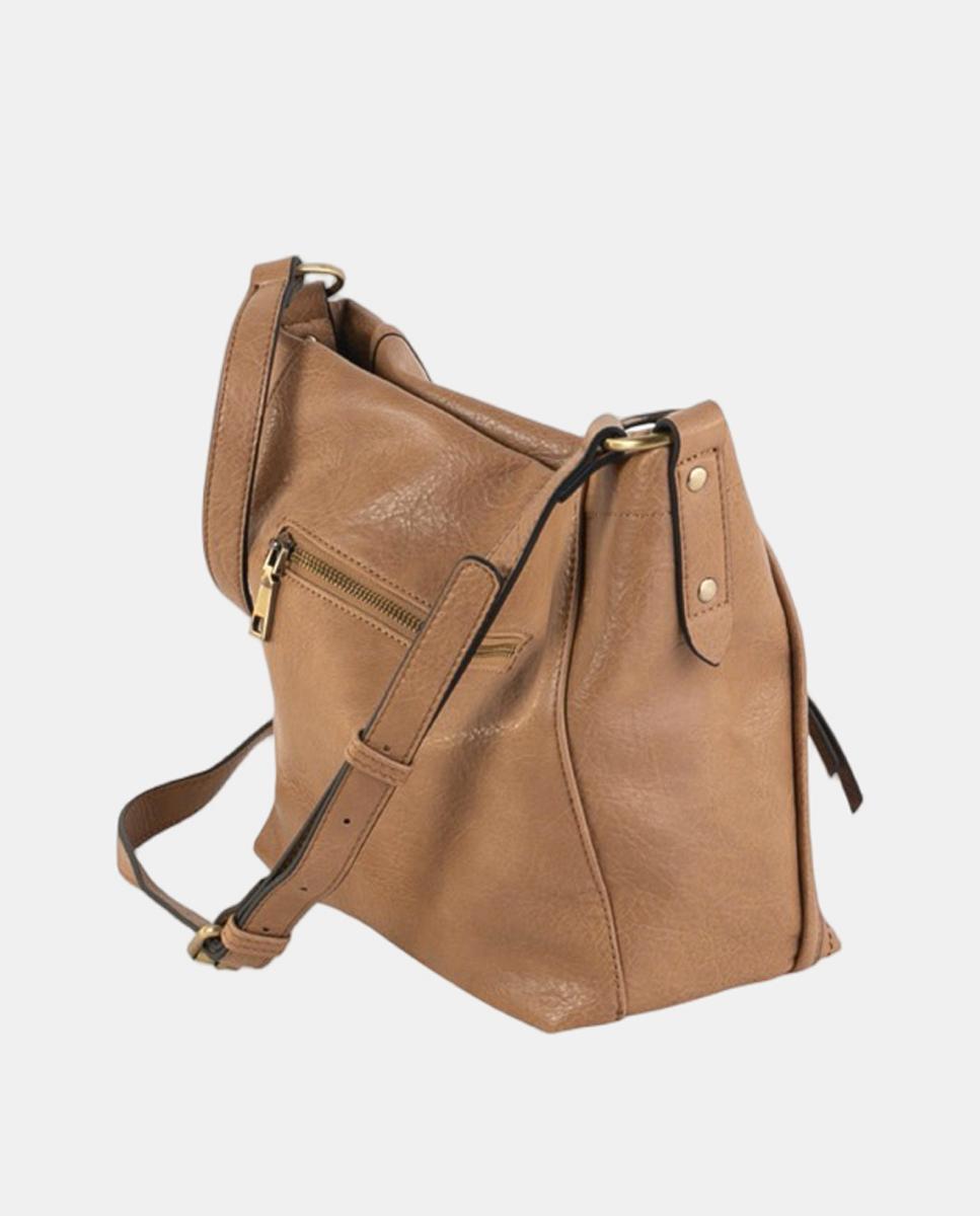 Mala a Tiracolo Média em Efeito de Pele com Bolso à Frente e Detalhes Metálicos Castanho-claro-2