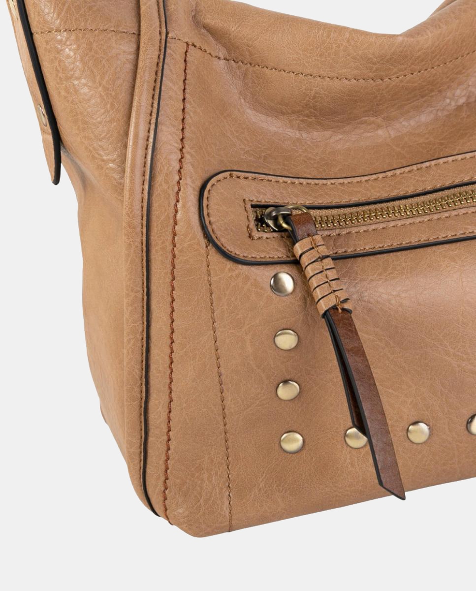 Mala a Tiracolo Média em Efeito de Pele com Bolso à Frente e Detalhes Metálicos Castanho-claro-3
