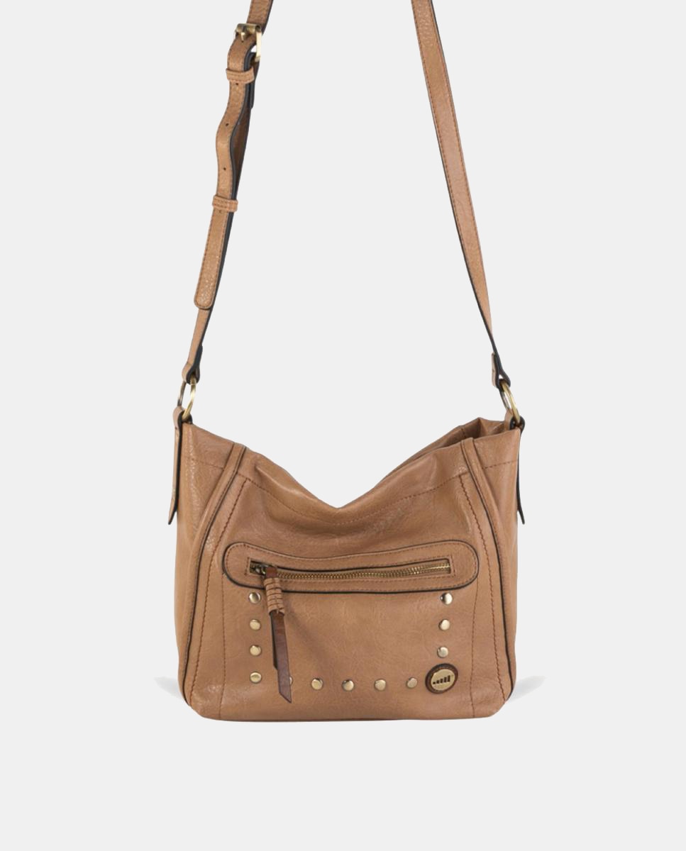 Mala a Tiracolo Média em Efeito de Pele com Bolso à Frente e Detalhes Metálicos Castanho-claro-4