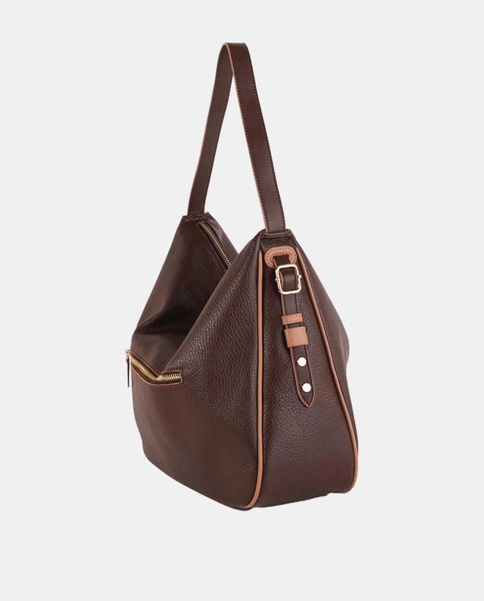 Mala Hobo Grande em Efeito de Pele com Design Flexível e Fecho de Correr Castanho-escuro-2