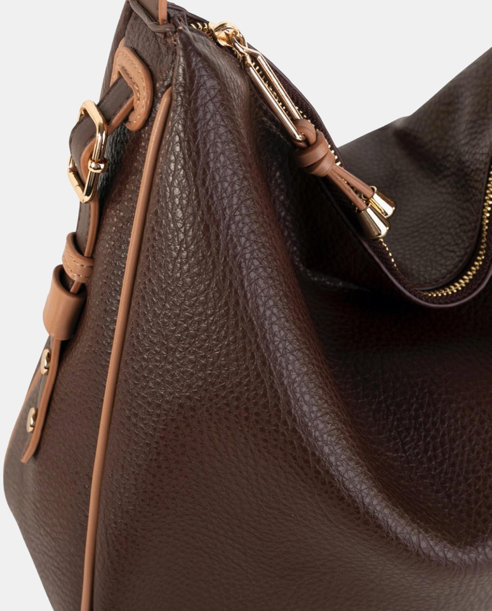 Mala Hobo Grande em Efeito de Pele com Design Flexível e Fecho de Correr Castanho-escuro-3