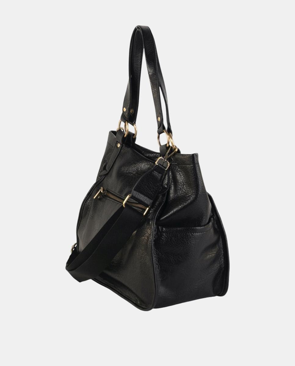 Mala Tipo Tote Larga em Material Texturizado com Bolsos Exteriores e Detalhes Metálicos Preto-2