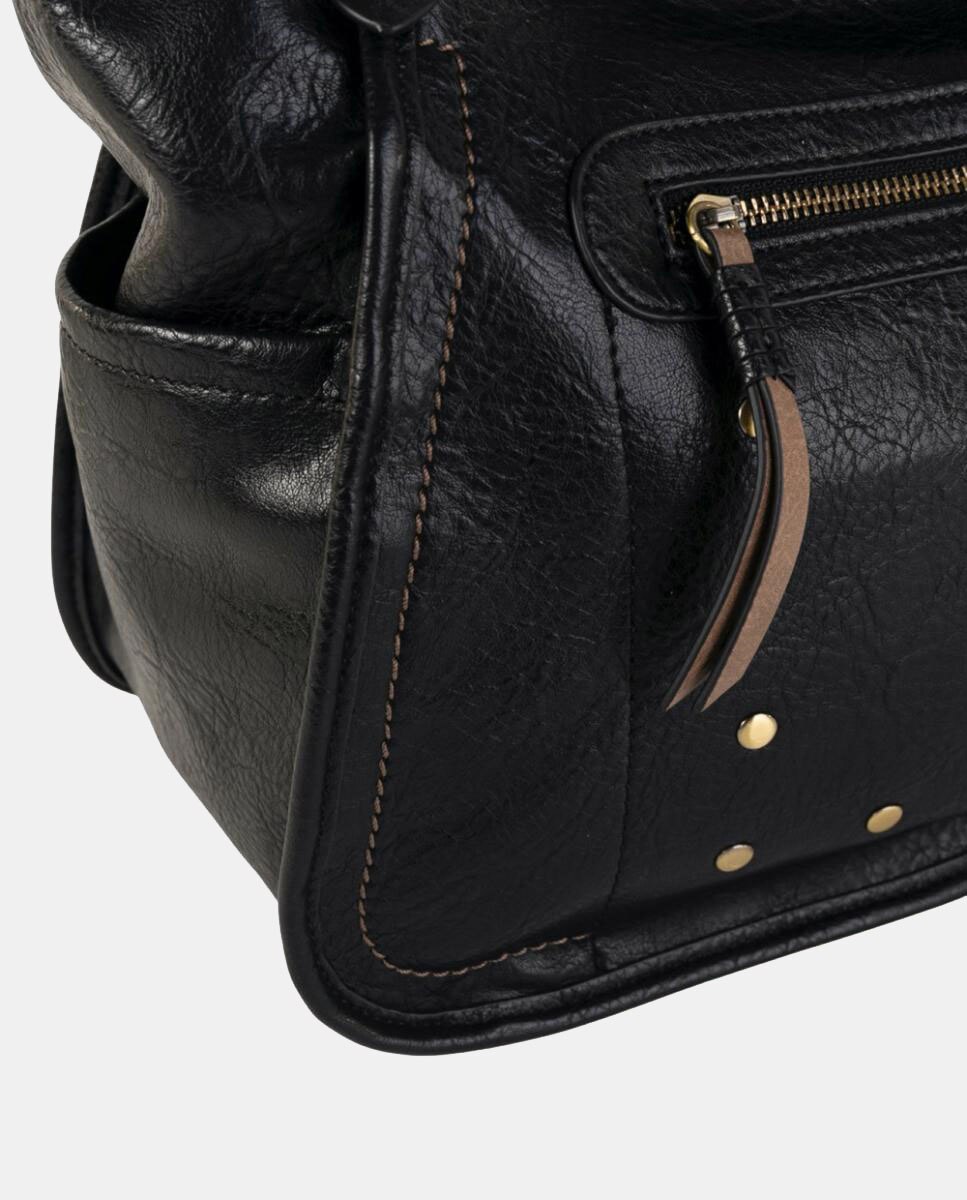 Mala Tipo Tote Larga em Material Texturizado com Bolsos Exteriores e Detalhes Metálicos Preto-3