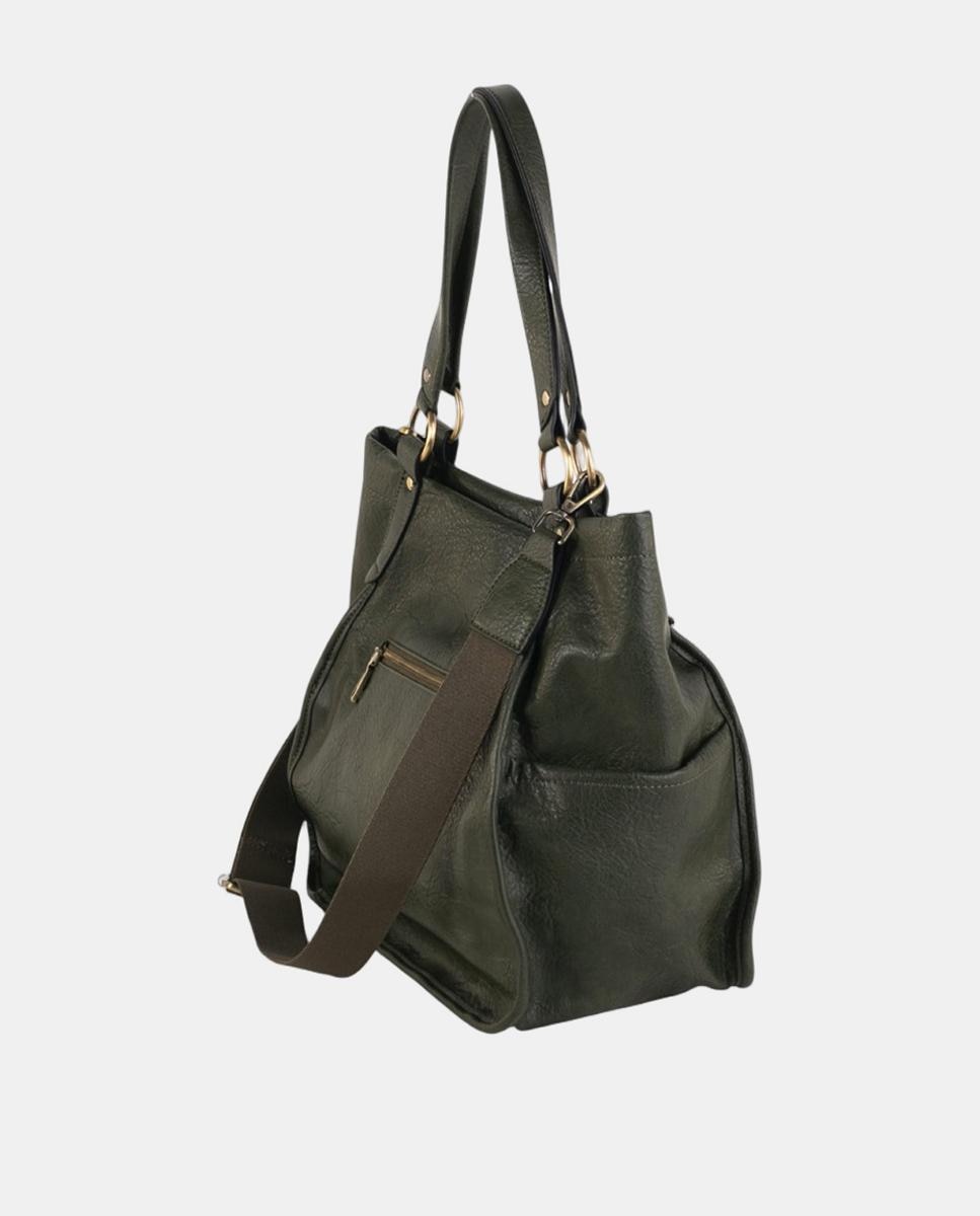Mala Tipo Tote Larga em Material Texturizado com Bolsos Exteriores e Detalhes Metálicos Verde-militar-2
