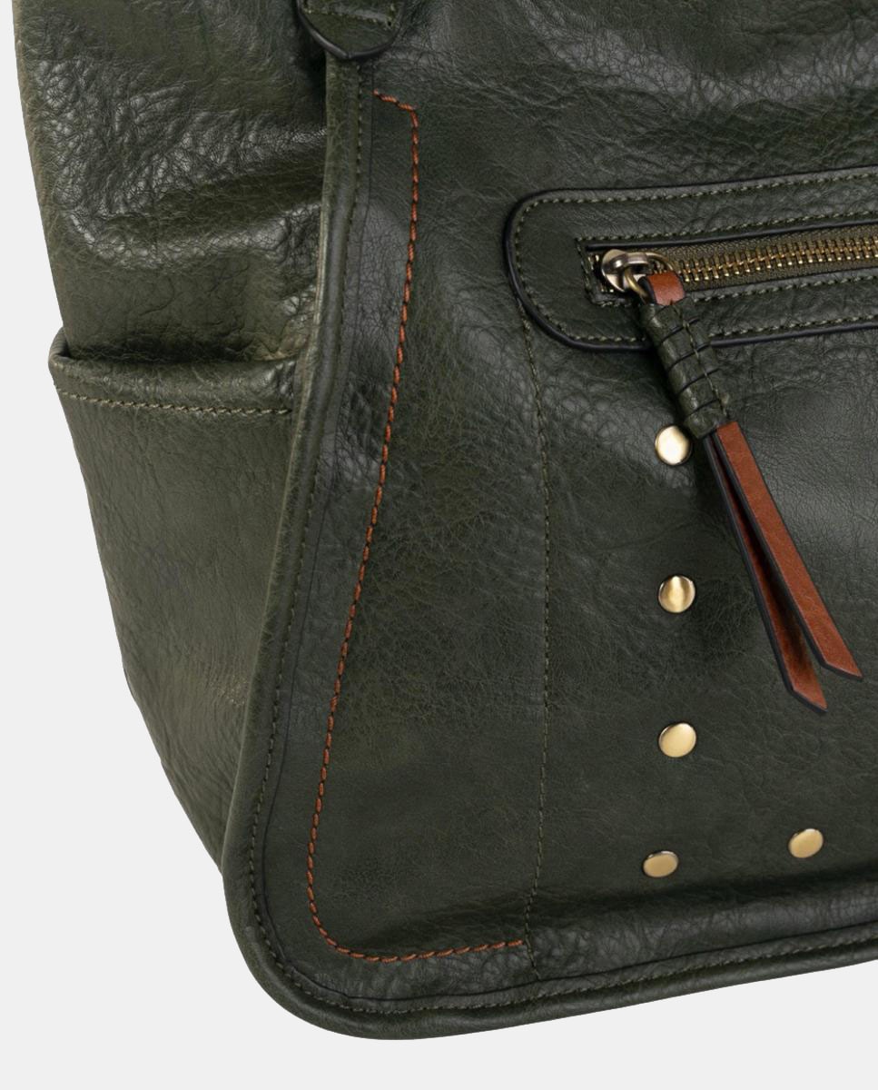 Mala Tipo Tote Larga em Material Texturizado com Bolsos Exteriores e Detalhes Metálicos Verde-militar-3