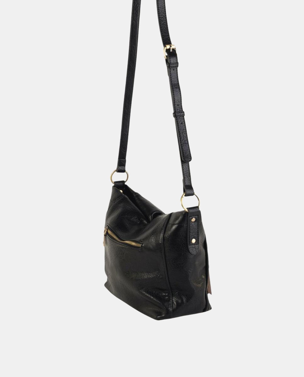 Mala a Tiracolo Média em Efeito de Pele com Bolso à Frente e Detalhes Metálicos Preto-2