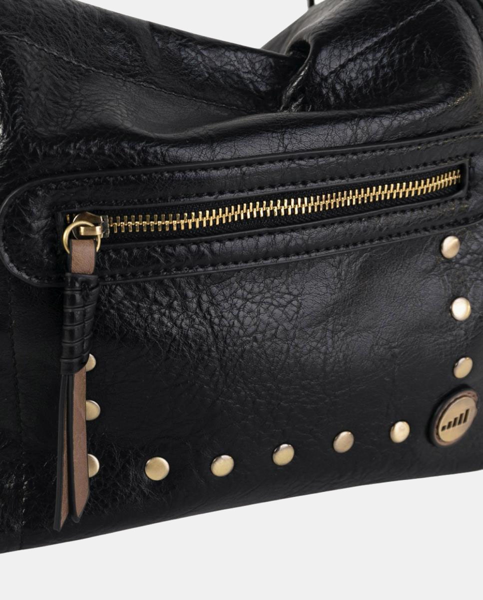Mala a Tiracolo Média em Efeito de Pele com Bolso à Frente e Detalhes Metálicos Preto-3