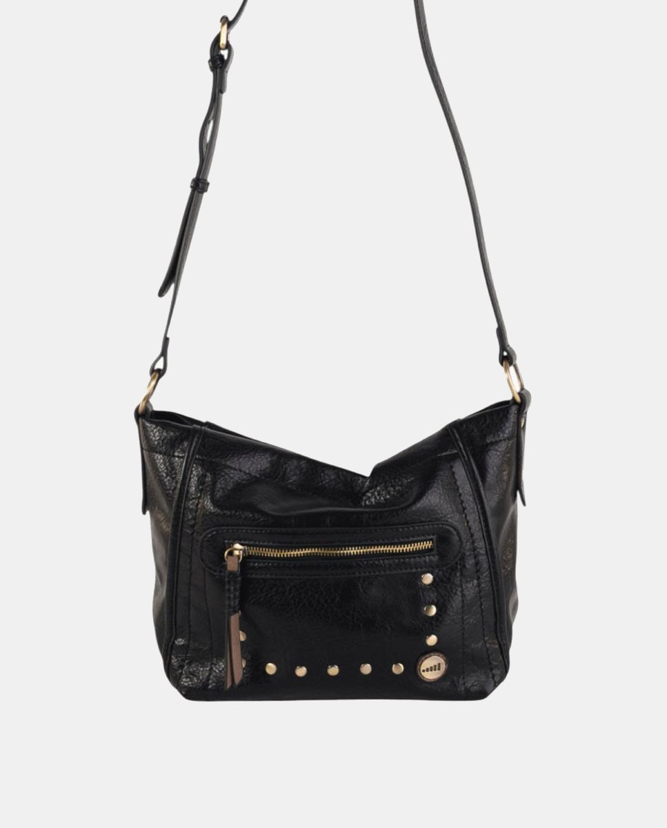 Mala a Tiracolo Média em Efeito de Pele com Bolso à Frente e Detalhes Metálicos Preto-4