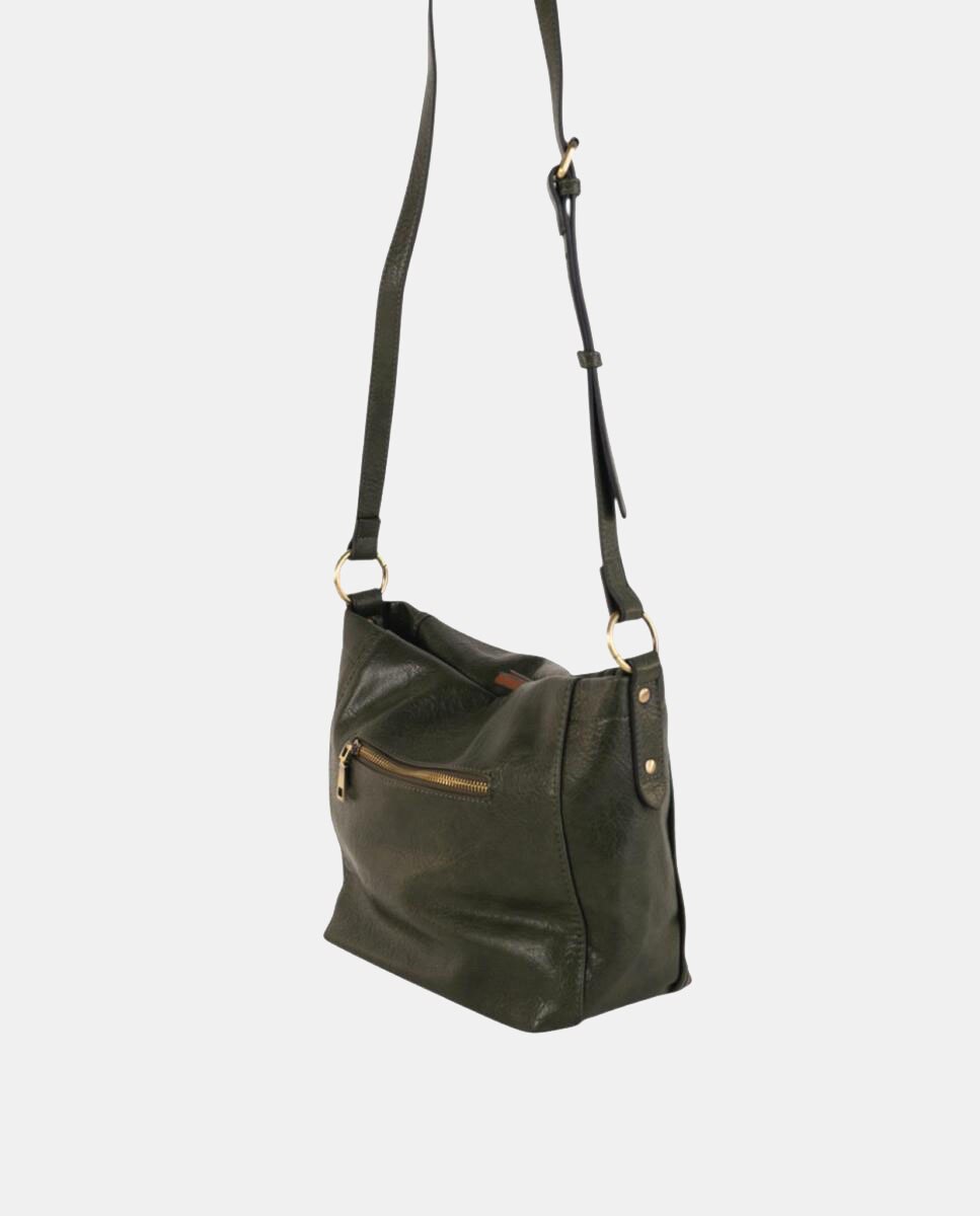 Mala a Tiracolo Média em Efeito de Pele com Bolso à Frente e Detalhes Metálicos Verde-militar-2