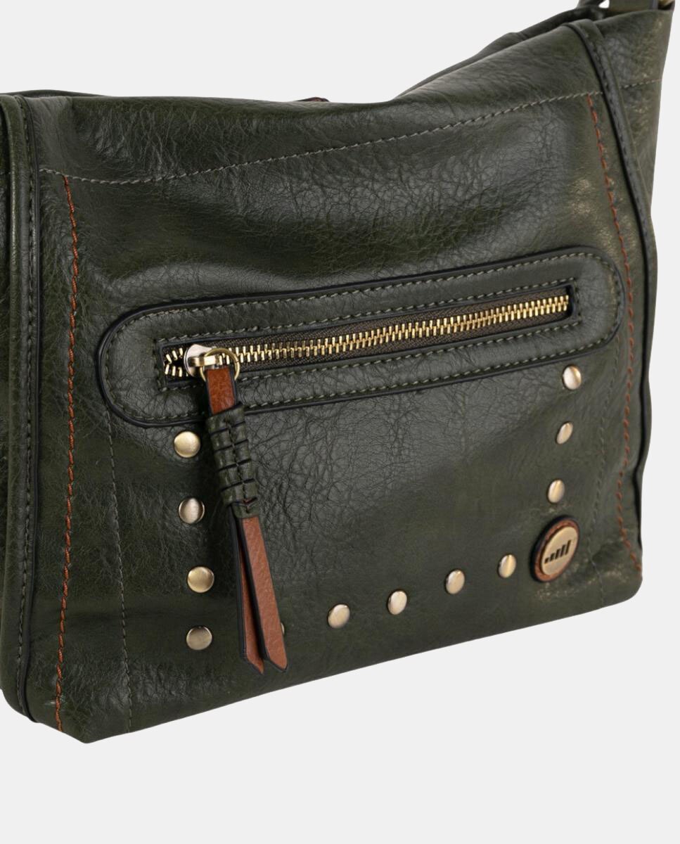 Mala a Tiracolo Média em Efeito de Pele com Bolso à Frente e Detalhes Metálicos Verde-militar-3