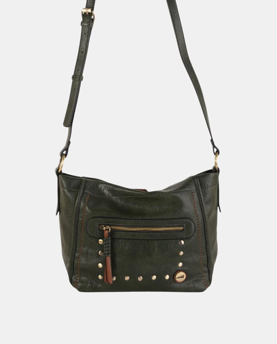 Mala a Tiracolo Média em Efeito de Pele com Bolso à Frente e Detalhes Metálicos Verde-militar-4