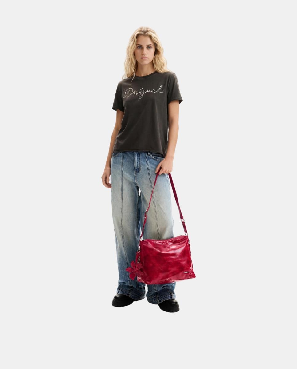 Mala de Ombro Média com Aplique Floral Rosa-5