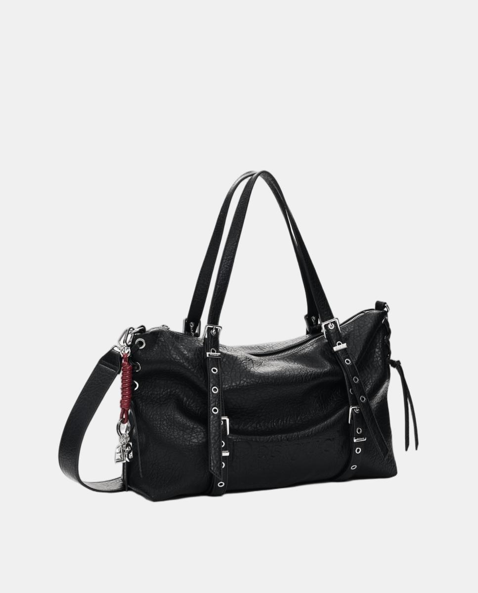 Mala Shopper Half Logo Grande com Efeito de Pele Preto-2