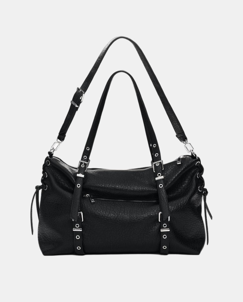Mala Shopper Half Logo Grande com Efeito de Pele Preto-3