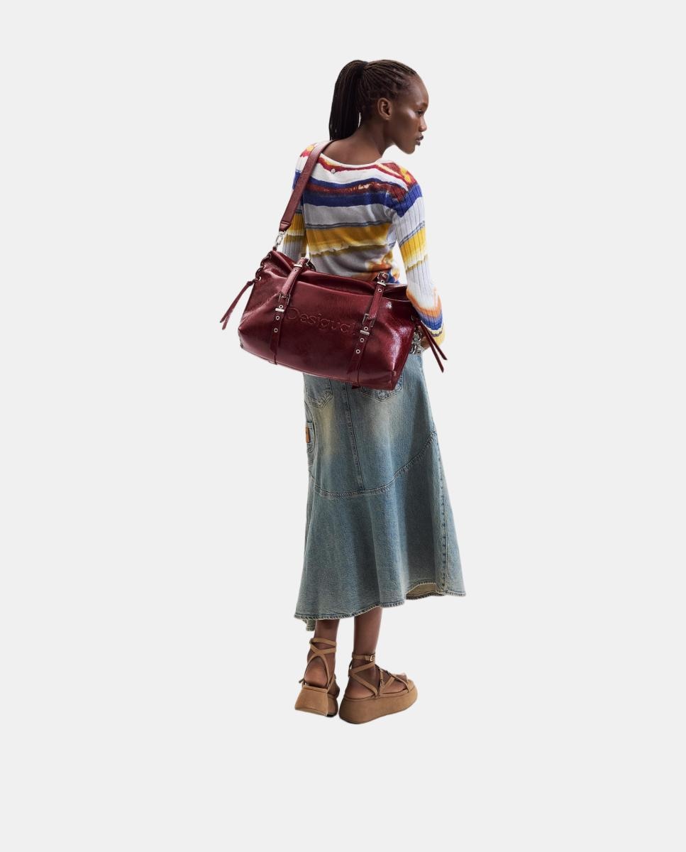 Mala Shopper Half Logo Grande com Efeito de Pele Grená-2