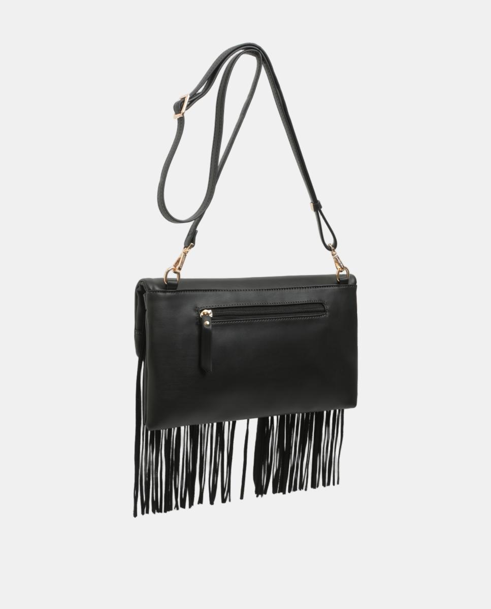 Mala Crossbody com Aba e Franjas Preto-2