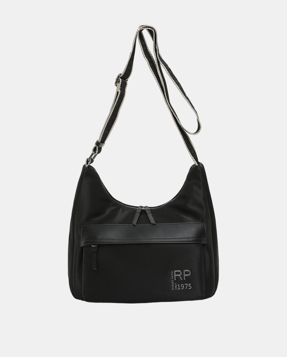 BOLSO CROSS BODY HOBO CON DOS TIRADORES Y ASA BANDOLERA DECORATIVA - Robert Pietri - Negro Negro-1