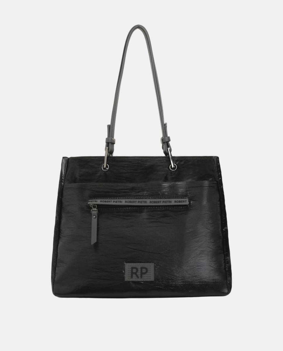 BOLSO SHOPPER MATERIAL SATINADO CON BOLSILLO DELANTERO - Robert Pietri - Negro Negro-1