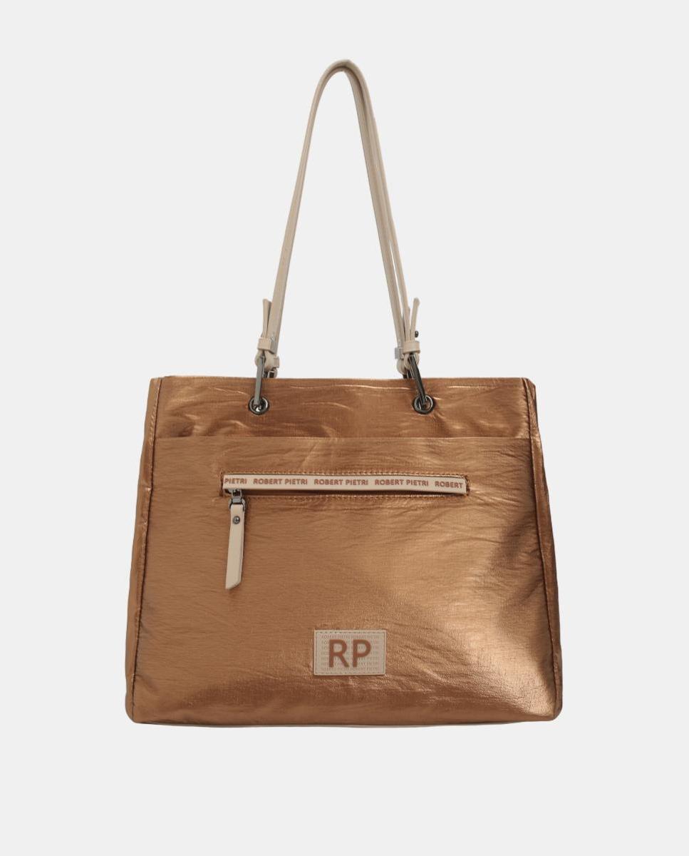 Imagen 0 de BOLSO SHOPPER MATERIAL SATINADO CON BOLSILLO DELANTERO Marrón
