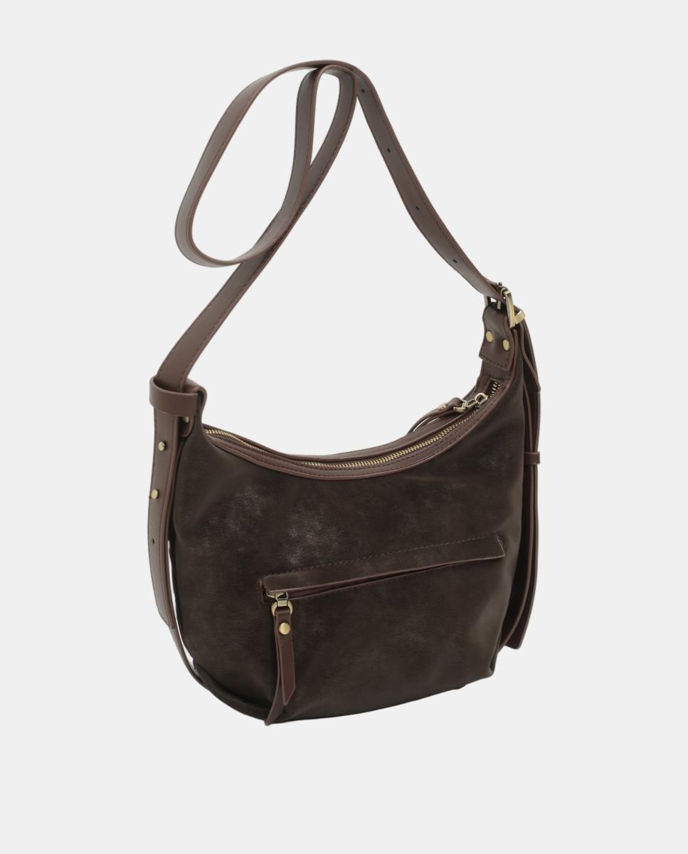 Mala Crossbody Hobo com Efeito de Camurça e Argolas Douradas Castanho-2