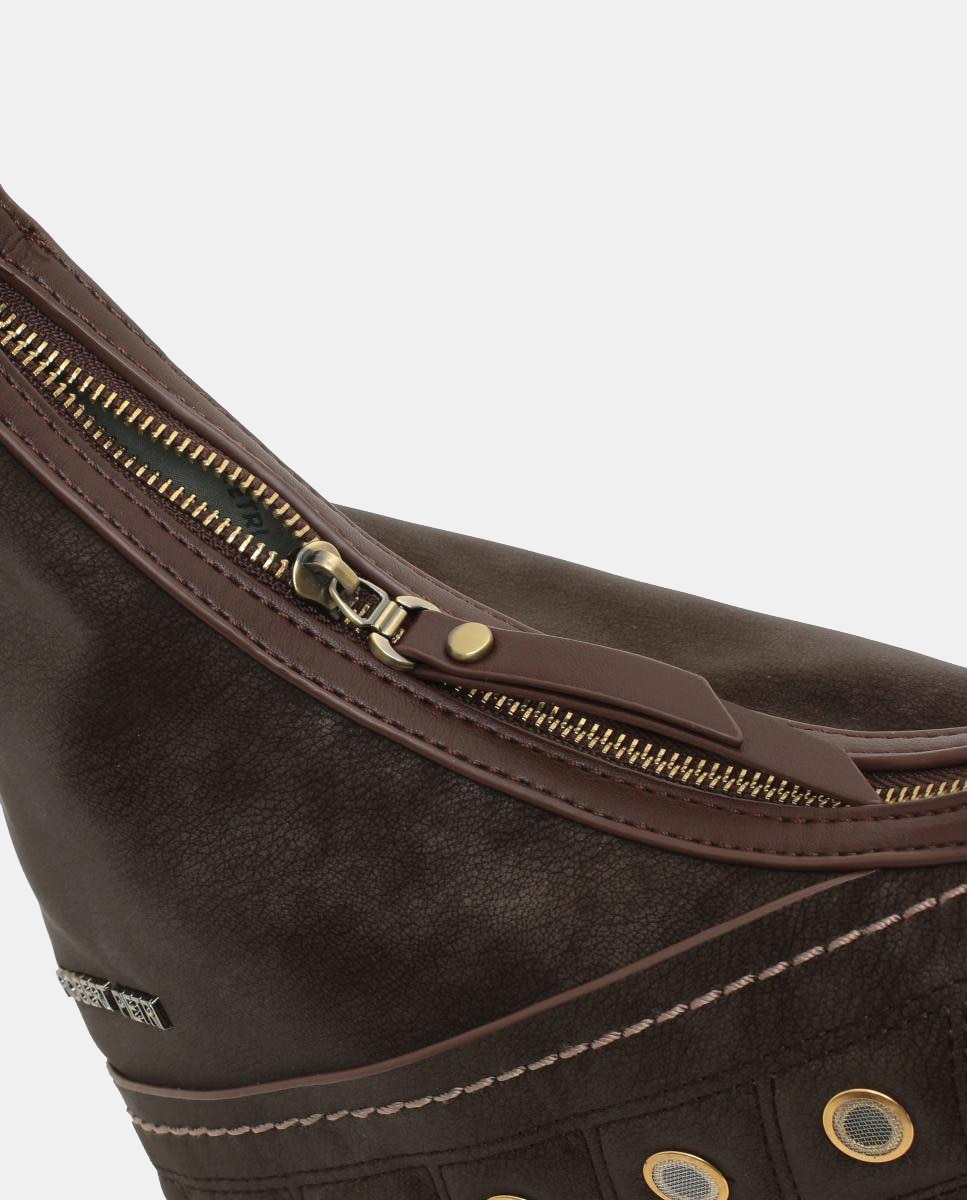 Mala Crossbody Hobo com Efeito de Camurça e Argolas Douradas Castanho-3
