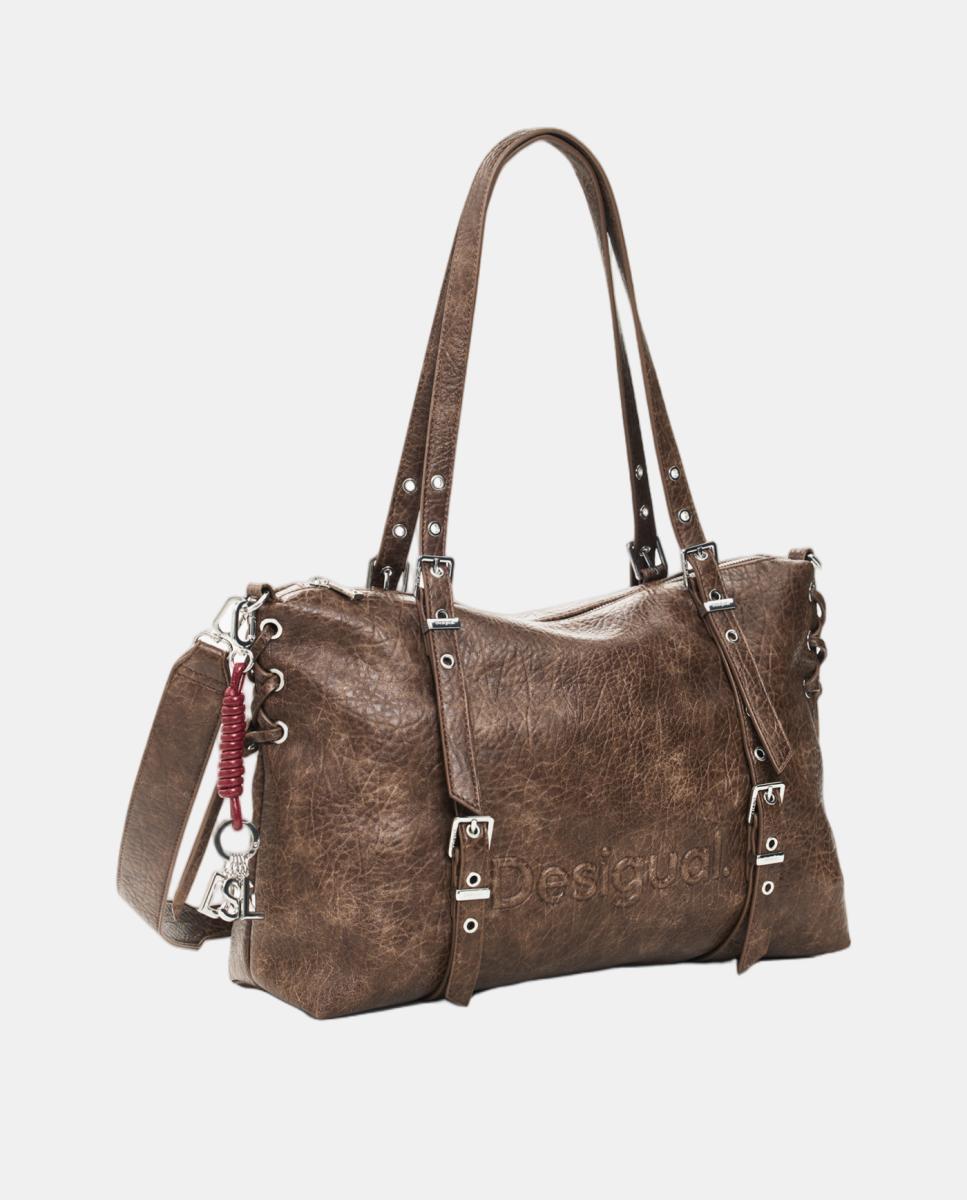 Mala Shopper Half Logo Grande com Efeito de Pele Castanho-3
