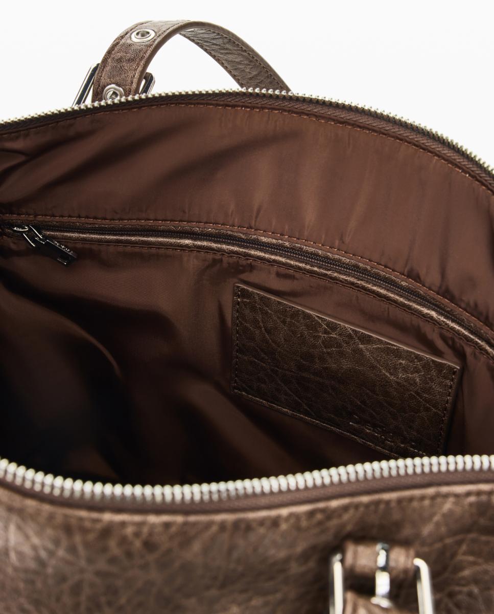 Mala Shopper Half Logo Grande com Efeito de Pele Castanho-4