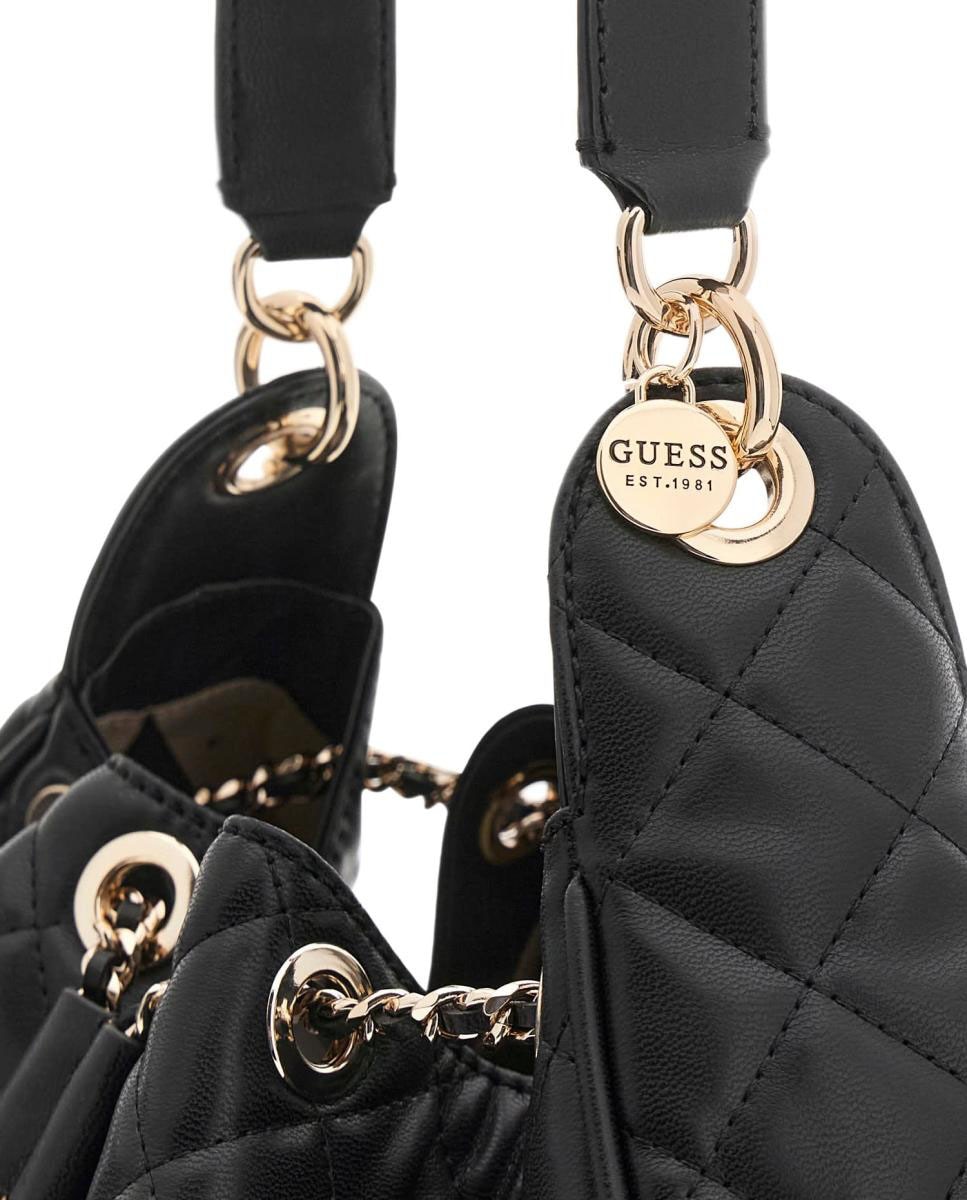 Bolso bucket acolchado con asas combinadas y cierre fruncido - Guess - Negro Negro-4