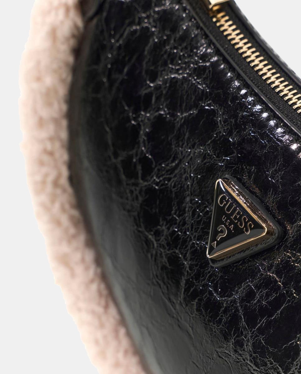 Mala Crossbody com Alça Ajustável e Detalhe de Efeito de Pelo de Borrego Preto-4