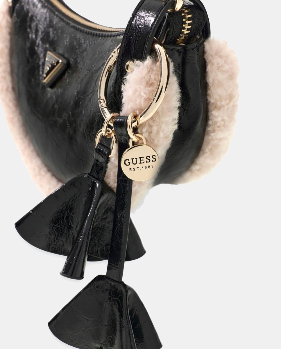 Mala Crossbody com Alça Ajustável e Detalhe de Efeito de Pelo de Borrego Preto-5