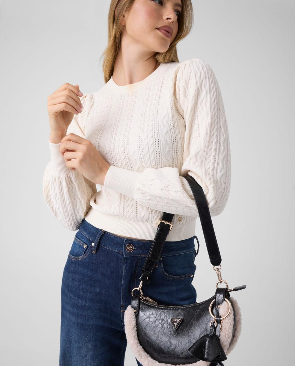 Mala Crossbody com Alça Ajustável e Detalhe de Efeito de Pelo de Borrego Preto-7
