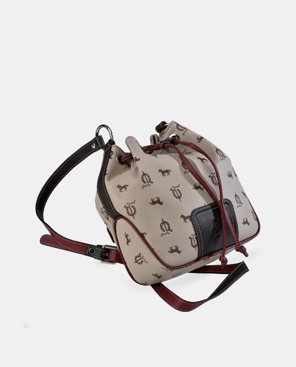 Mala Bucket em Pele e Lona Castanho-5