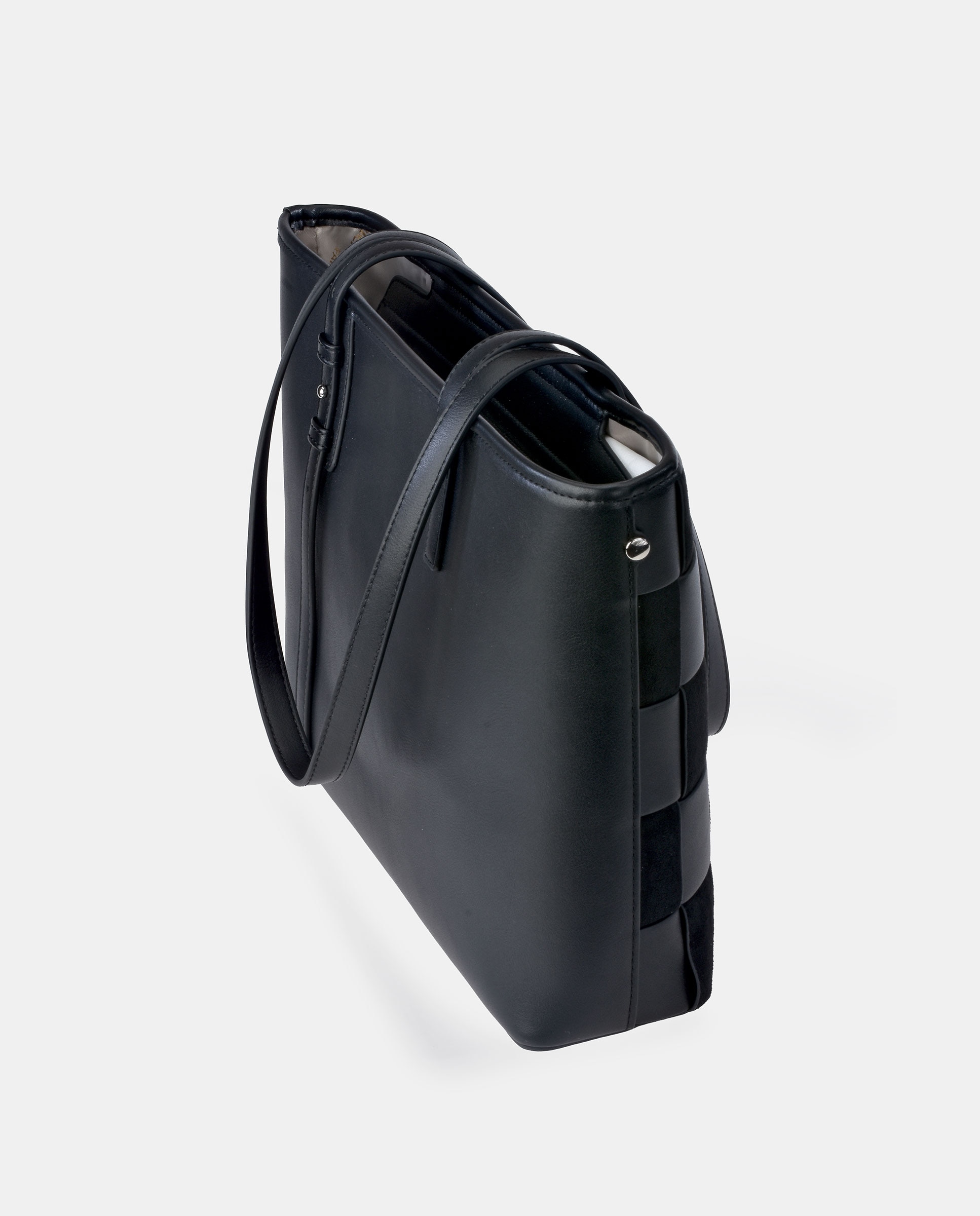 Mala Shopper em P.U. aos Quadrados com Alça Dupla Preto-3