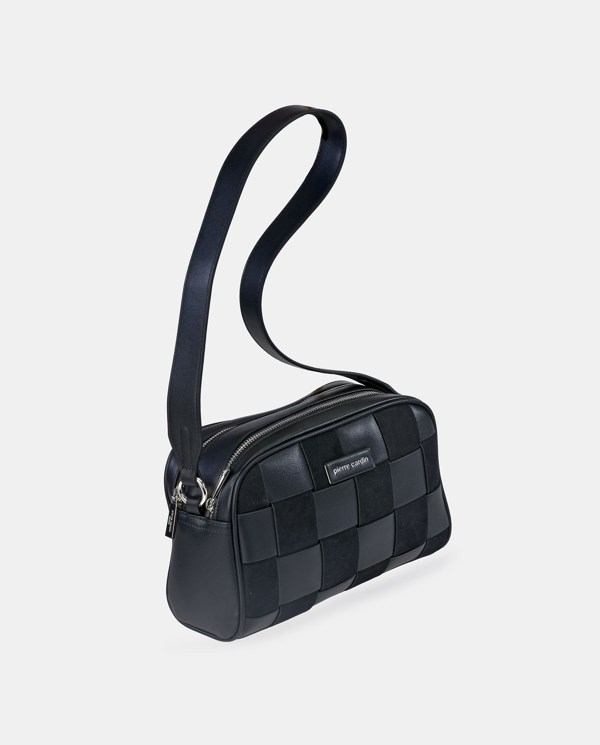 Mala Crossbody em P.U. aos Quadrados com Fecho de Correr Duplo Preto-2