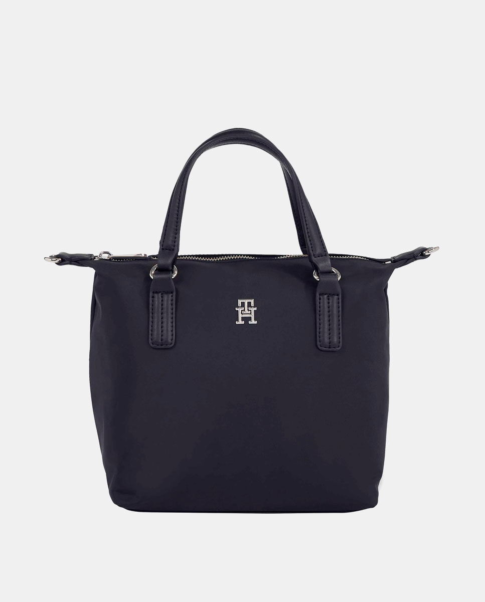 Mala Tipo Tote Pequena com Logótipo TH, Fecho de Correr e em Tecido Reciclado - Azul-Marinho Azul-marinho-1