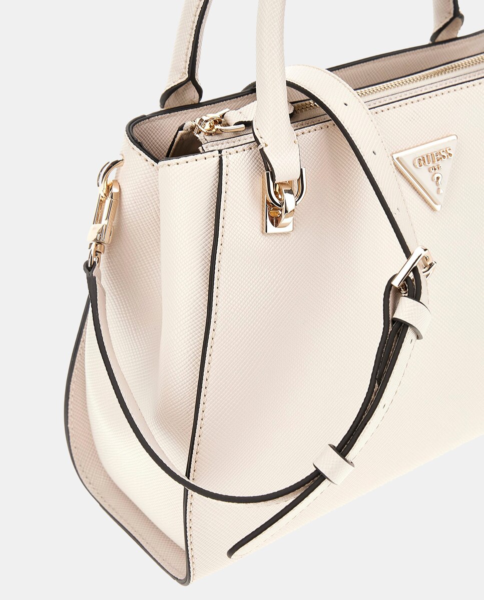 Mala de Acabamento Saffiano com Alça Comprida e Conta Amovível Bege-3